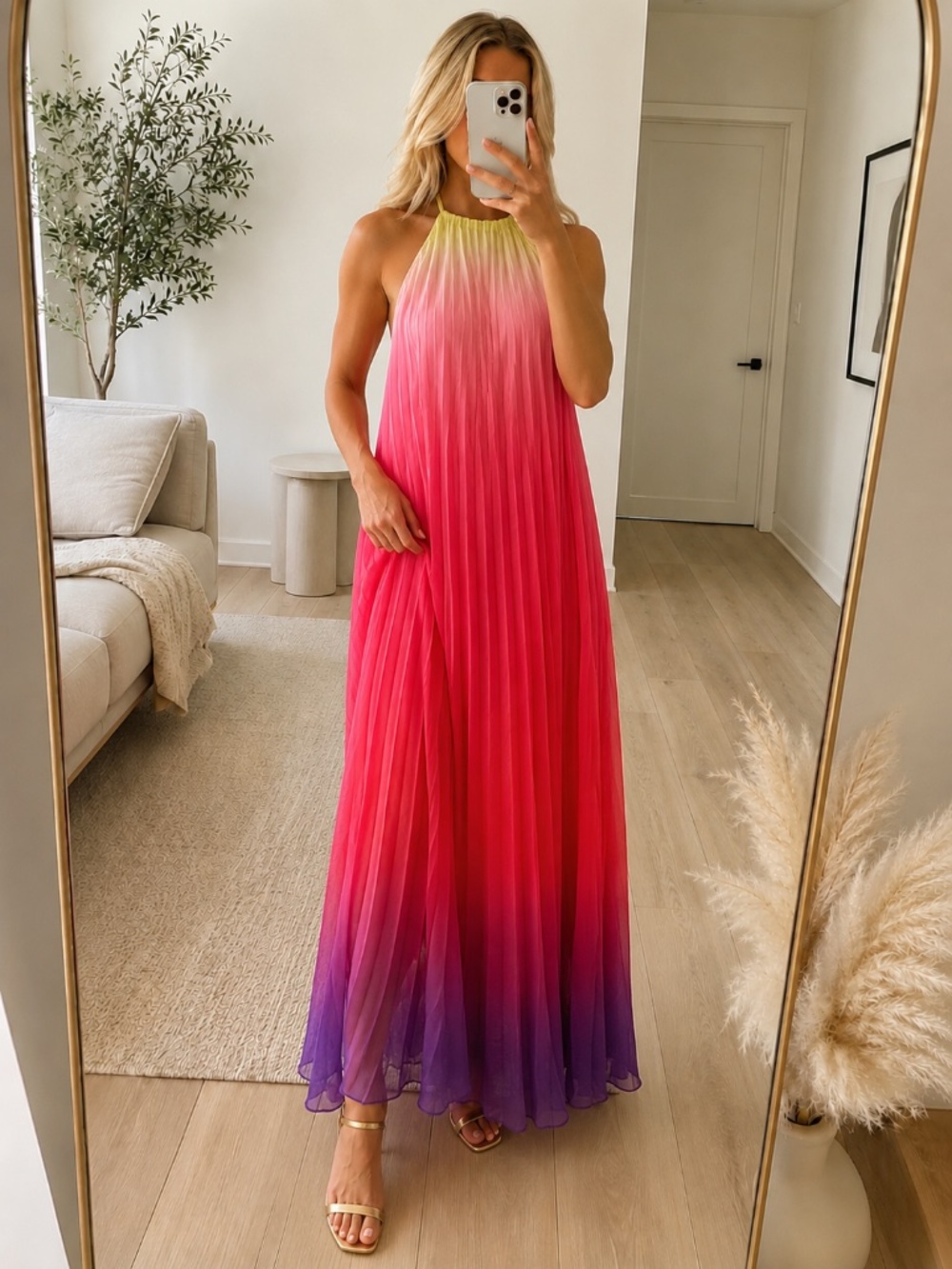 NWT Pink Halter Pleated Maxi Dress Medium